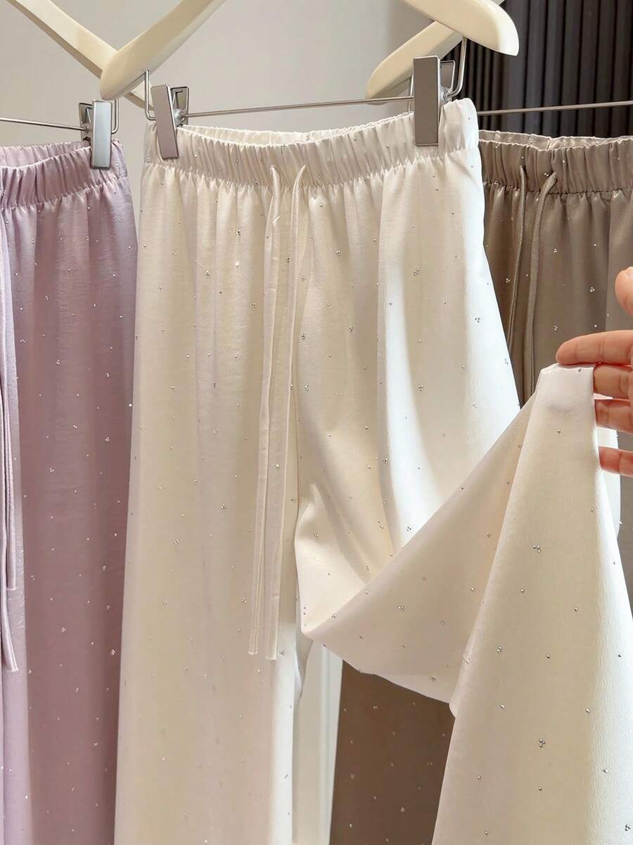 Women's High Waist Wide Leg Harem Pants - Floor Length Ice Satin Acetate Trousers, Lightweight, Suitable For Petite Height, Cool Drape, Machine Washable, For Elegant Casual, Office, Semi-Formal Wear - 杏 - 查看 1