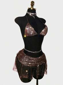 Minifalda sexy para mujer, con incrustaciones de red de pescar y brillantes, adecuada para ocasiones de fiesta - Café integral - Ver 5