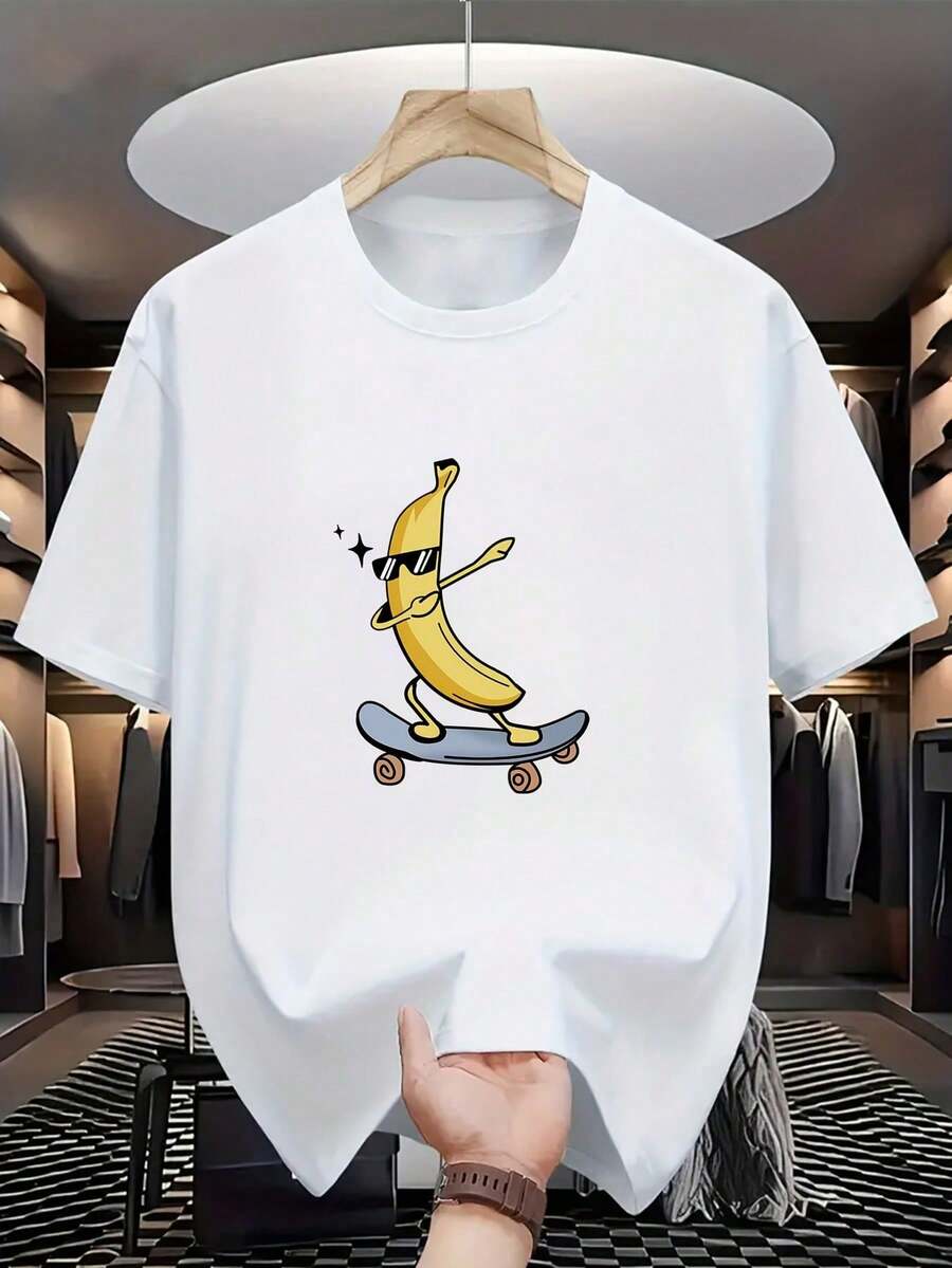 Kids Banana Skateboard Graphic T-Shirt - Casual Summer Short Sleeve Top With Skate Banana Peel Print, Crew Neck T-Shirt For Skating And Outdoor Play, Size (/) - Machine Washable Skate Clothing For Teens - 白色 - 查看 1