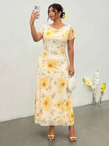 Vestido de manga corta con estampado floral de talla grande - Multicolor - Ver 8