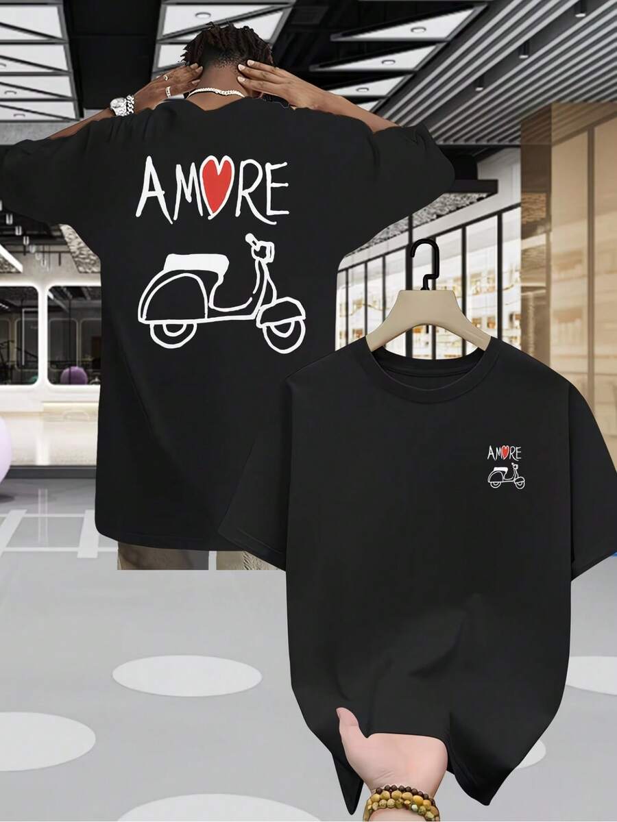 Men's Casual Summer Short Sleeve T-Shirt - Italian Stallion AMORE Motorcycle Pattern Print On Front And Back, 2D Heat Transfer, 100% Polyester Soft T-Shirt, High Quality Breathable Mesh Fabric, Y2K Style - Black - View 1