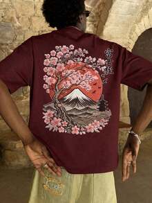 The Hottest Item Of The Summer: Men's Short-Sleeved Crew Neck T-Shirt With Embroidered Sakura And Mountain Print, Minimalist Summer Fashion. | Basic Casual Urban Style T-Shirt, Boyfriend Gift, Stylish, Popular, Party T-Shirt. - 紅色 - 查看 4