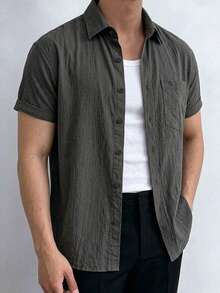 Men's Solid Color Textured Business Casual Shirt - Black - View 3