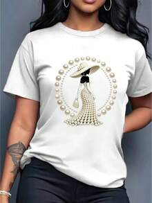 Elegant, Lightweight, Luxurious, And High-End Style Clothing! Women's Printed T-Shirt - Women's Design Printed With Pearls And Crystals | Lightweight, Luxurious, And Beautiful Everyday Wear | Soft And Breathable Fabric, Casual Short-Sleeved Round-Neck Top For Spring And Summer - 黑色 - 查看 10
