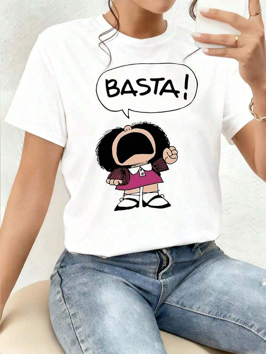 Art T-Shirt, Girl Figure Expressing Protest With The Word ENOUGH Symbolizing Strength And Personal Determination, Women's T-Shirt With Double Print Inspired By Positive Attitude And Confidence - 白色 - 查看 1