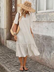 Vestido de mujer con estampado todo sobre cuello en V y mangas con volantes para vacaciones - Blanco - Ver 2