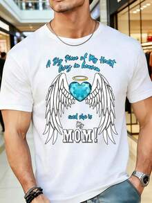 Plus Size, Short Sleeve. A Big Piece Of My Heart Lives In Heaven And She Is My Mom. Heart And Angel Wings Design T-Shirt For A Memorial Gift For Mother's Day, 220g, 100% Cotton. - 白色 - 查看 7