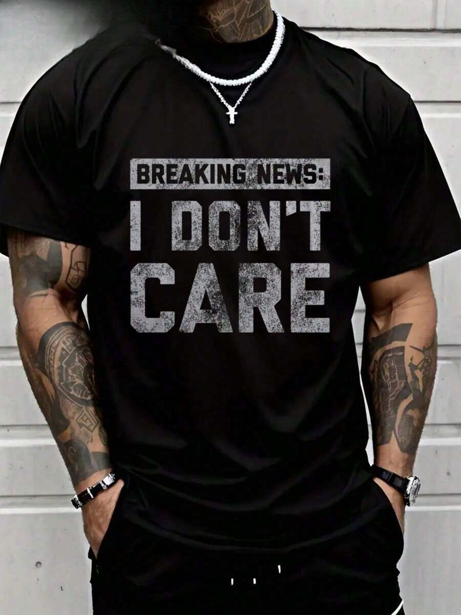 Short-Sleeve Funny T-Shirt PAYEAH Latest News L I Don't Care T-Shirt (Single Piece) Cotton Heavyweight Cotton T-Shirt 100% Cotton 100% Cotton - 黑色 - 查看 1