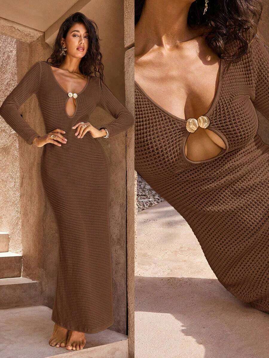 xheOpulessa 1 pieza Vestido de fiesta formal de punto de un solo color con cuello en V y manga larga con cola de pez para mujer, para vacaciones en otoño e invierno, boda, fiesta de cócteles y navidadxhe - Marrón - Ver 1