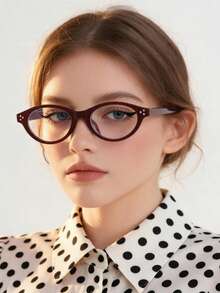 1pc Women's Casual Retro Cat Eye Shaped Burgundy Fashion Small Frame Plain Glasses, Suitable For Daily Wear And Street Photography - Multicolor - View 5