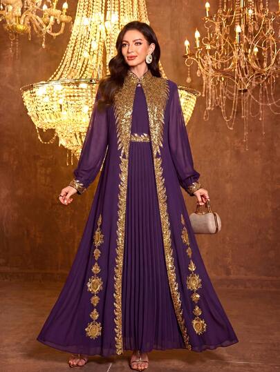  Đầm chiffon dài tay đính sequin và thắt lưng SUPGIR dành cho nữ.