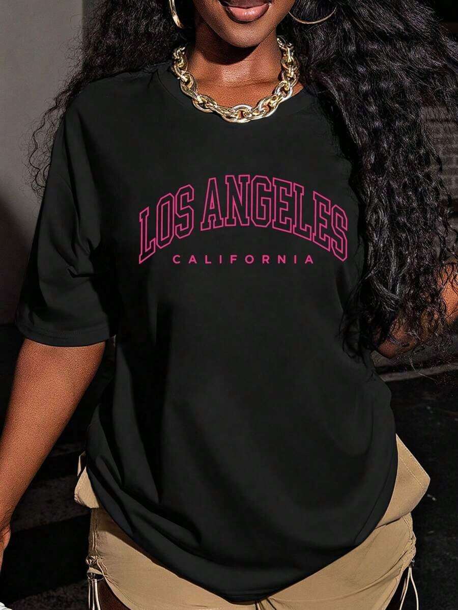 Niche Design. Women's T-Shirt Inspired By Los Angeles, California, Loose Fit, Crew Neck, Casual, With Graphic Letter Print, 100% Cotton - 黑色 - 查看 1