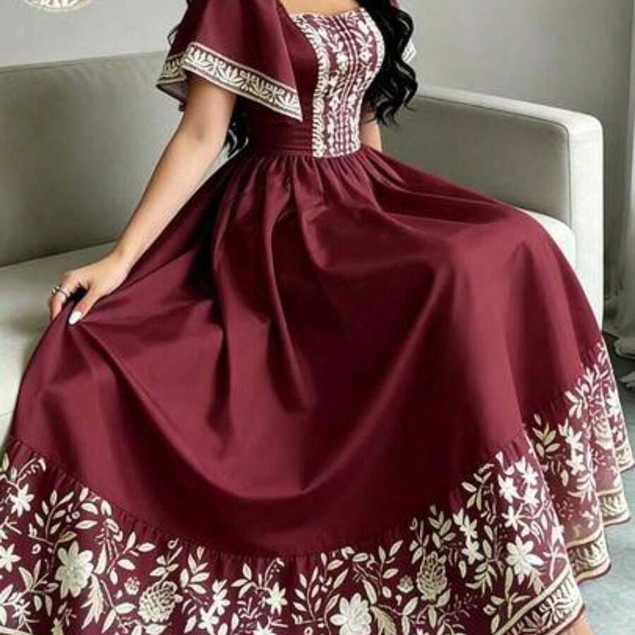 . . Vestido de manga corta con cuello cuadrado y estampado floral, falda de longitud media con cintura ceñida, vestido rojo vino con estampado floral - Multicolor - Ver 1