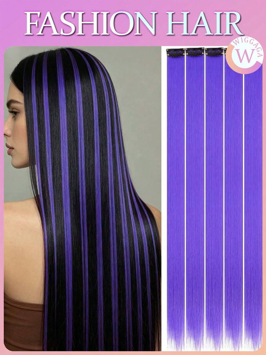 WIGGAGA Rainbow Hair Extensions Ss Style Inspo Woman Vacation Outfits Valentine's Day Summer Outfits Summer 5pcs Synthetic Long Straight Hair Extensions With Clips Heat Resistant Straight Hair Extensions Y2K Highlight Hanging Ear Dye Wig Pieces - Violet Purple - View 1