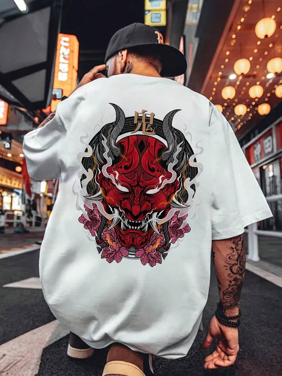 Men's Casual Short Sleeve Graphic Print T-Shirt - Bold Flame And Flower Design, Regular Fit, Summer Streetwear, White With Red/Yellow Art, Street Style, Stylized Face Design, Striking Contrast - 白色 - 查看 1