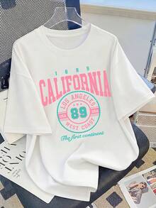 Vintage T-Shirt With Los Angeles, California Print, For Women, Casual And Relaxed Style, Round Neck, Short Sleeve, Retro American Style Of The West No. 89, Basic And Versatile. - 白色 - 查看 1