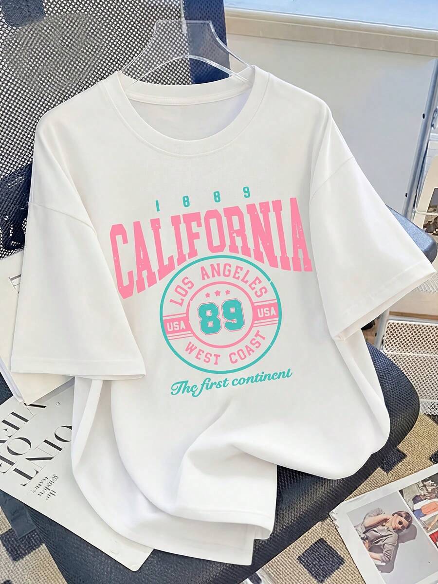 Vintage T-Shirt With Los Angeles, California Print, For Women, Casual And Relaxed Style, Round Neck, Short Sleeve, Retro American Style Of The West No. 89, Basic And Versatile. - 白色 - 查看 1