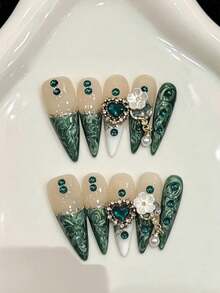 10PCS Móng tay giả dán thủ công dáng dài nhọn Stiletto cho tiệc và đeo hàng ngày, móng xanh, hoa trắng, mắt mèo bóng, bóng, móng mùa hè, dễ đeo 10pcs móng tay giả dán thủ công Y2K, phù hợp cho nữ giới và phụ nữ lễ hội tiệc và đeo hàng ngày. - màu xanh lá - Xem 10