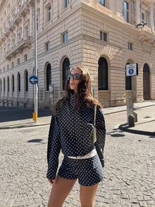 New Blogger Style Women's Polka Dot Print Drawstring Drop Shoulder Loose Jacket, Autumn - Navy Blue - View 4