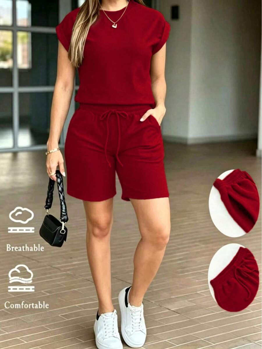 Conjunto de 2 shorts para mujer de unicolor con bolsillo y cordón, ropa de ocio para el hogar, primavera verano rojo - Rojo - Ver 1