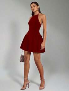 MEXGlamine Charm Vestido sin mangas elegante y minimalista de color rosa tejido con pliegues en los lados, adecuado para banquetes y fiestas de téMEX G8U0 - Rojo - Ver 1