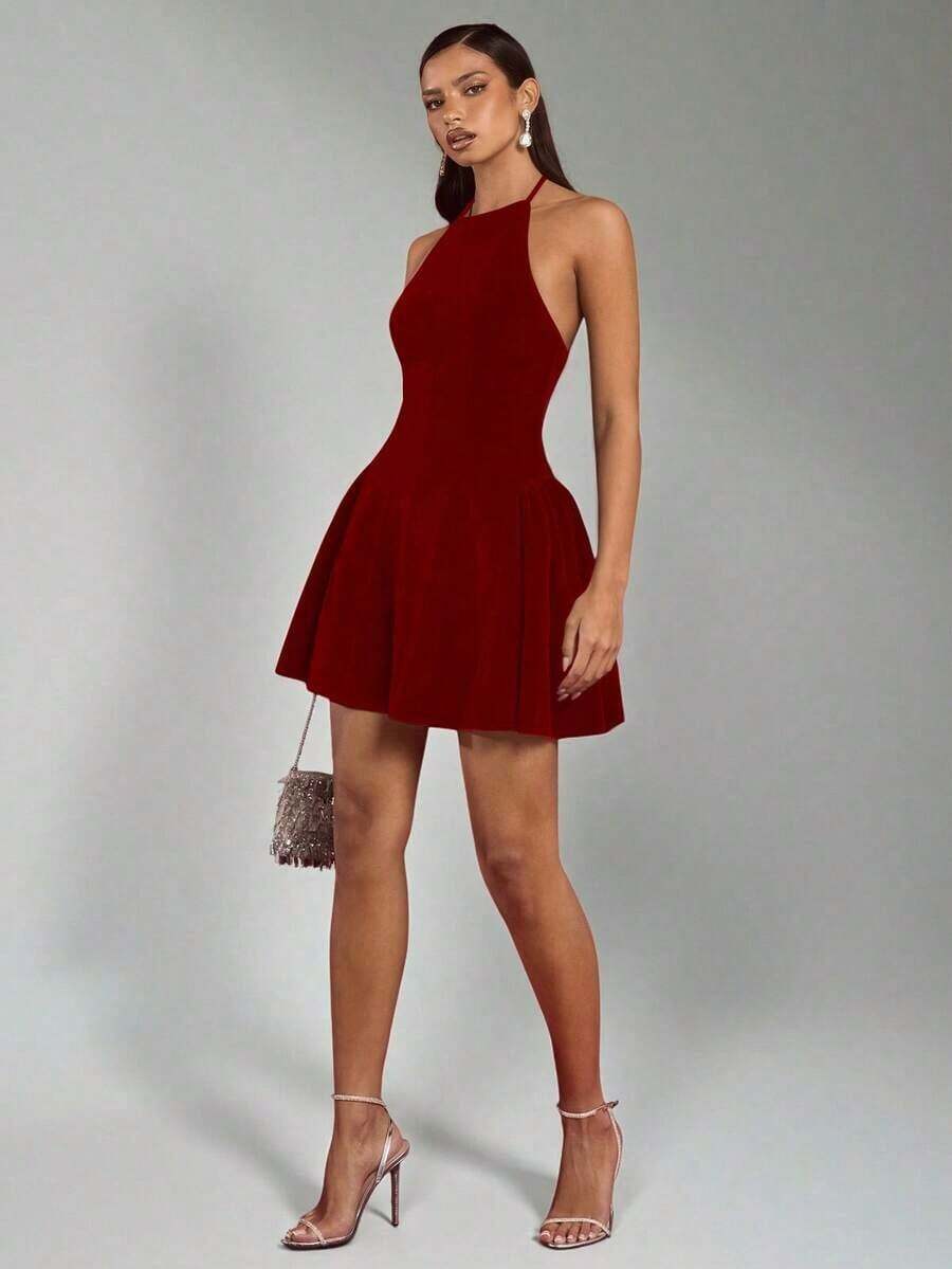 MEXGlamine Charm Vestido sin mangas elegante y minimalista de color rosa tejido con pliegues en los lados, adecuado para banquetes y fiestas de téMEX G8U0 - Rojo - Ver 1
