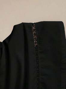 Falda de mujer con diseño de parche, bolsillo lateral y dobladillo de encaje hueco, versátil para oficina, formal, casual y romántica para el transporte urbano, nueva colección primavera/verano - Negro - Ver 6