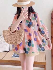 YUXIN ¡Artículo imprescindible para las vacaciones de primavera/verano! Blusa holgada tipo babydoll para mujer, con estampados coloridos y puños con volantes únicos, diseño de manga 3/4 para un uso talla grande fresco, ¡a la moda y cómoda! - Rosa - Ver 3