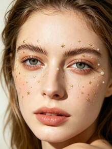 Gold Star & Moon Face Gems Stickers, Self-Adhesive 3D Pearl Rhinestone Face Decorations, Suitable For Festivals, Parties, Halloween, Weddings, DIY Makeup, Eye & Cheek Decor, No Glue Needed - Multicolor - View 3