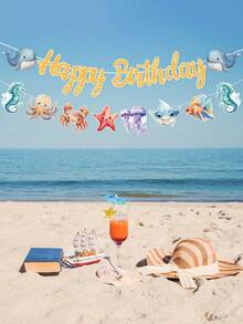 1組海洋主題生日快樂橫幅裝飾，海洋生物圖案生日派對橫幅，海洋生日派對裝飾，1歲生日橫幅，嬰兒洗禮裝飾，生日派對用品，水下世界生日派對背景裝飾，美人魚派對裝飾 - 海洋 - 查看 11