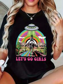 Camiseta de Mujer Estampada, Cómoda y a la Moda para Uso Diario, Cuello Redondo, Manga Corta, Lavable a Máquina, Apta para Todas las Temporadas - Negro - Ver 7
