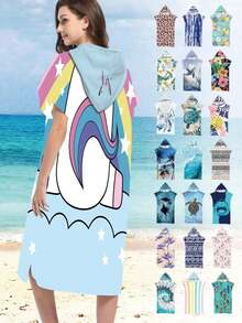 1pc Rainbow Unicorn & Blue Polka Dot Kitten Print Polyester Hooded Poncho, Oversized Beach Towel - Vibrant Unicorn Design, Beach Wrap, Soft & Durable Polyester Robe, Suitable For Swimming, Travel And Beach Vacation, Unisex Bathrobe, Beach Towel, Women Robe, Travel Decor, Casual Decor - Multicolor - View 22
