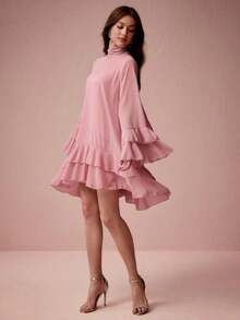 Vestido línea A de unicolor elegante con mangas volantes para mujeres - Rosa - Ver 3