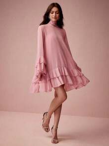Vestido línea A de unicolor elegante con mangas volantes para mujeres - Rosa - Ver 4