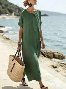 Holidaya Vestido de mujer de manga corta de longitud media con cuello de corbata, bolsillo suelto y textura de tela de color albaricoque para uso diario, viajes y vacaciones. Vestido largo de mujer estilo resort, vestido casual de verano Zanzea para mujer. Vestidos casuales largos para mujer en color azul claro, azul bebé y turquesa. - Verde - Ver 4