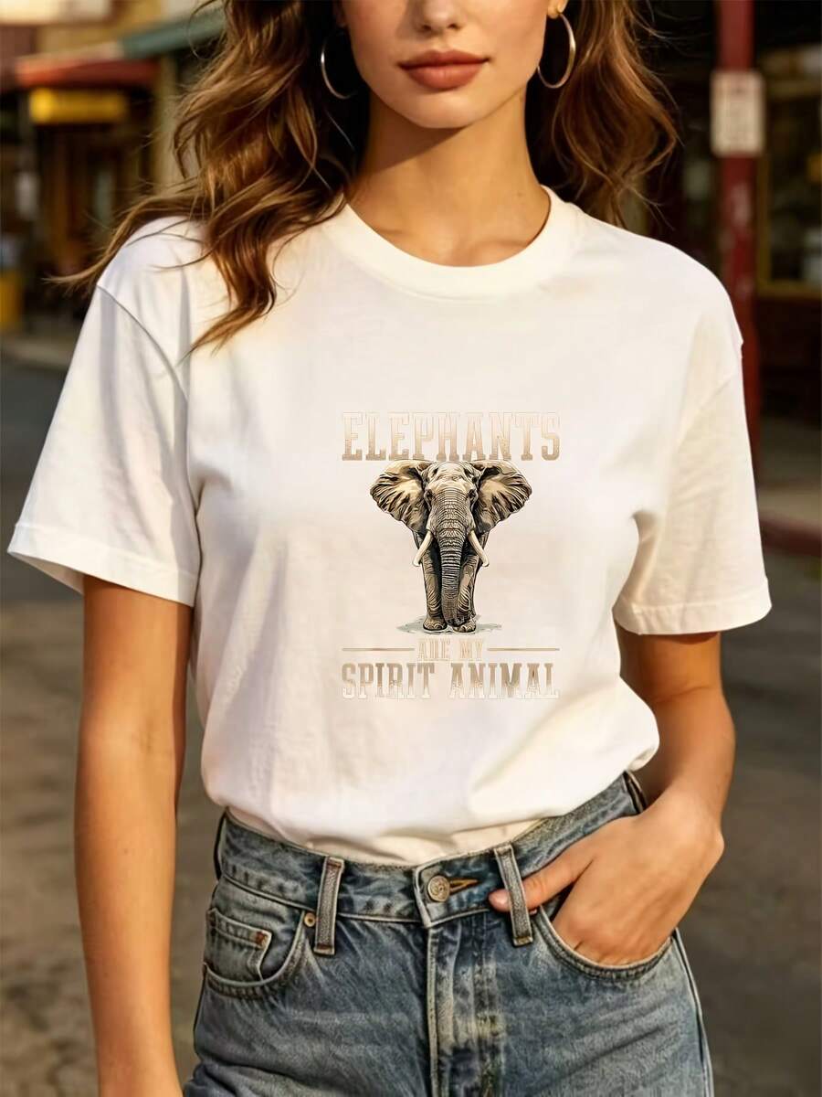 Casual Fashion T-Shirt For Everyday Wear - Elephant Soul Animal Print T-Shirt - 180G, Comfortable Fit, Perfect For Family Outings, Company Parties And Holiday Gifts. - 白色 - 查看 1