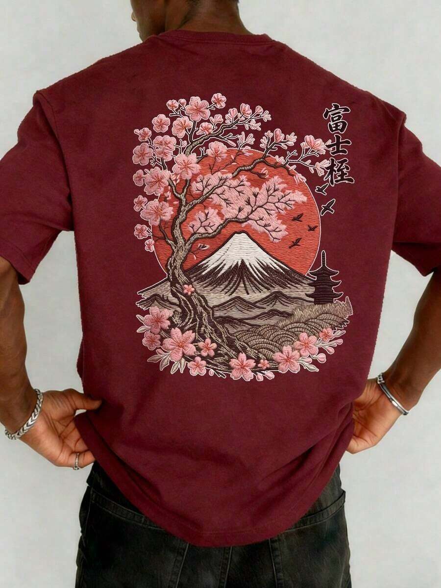 The Hottest Item Of The Summer: Men's Short-Sleeved Crew Neck T-Shirt With Embroidered Sakura And Mountain Print, Minimalist Summer Fashion. | Basic Casual Urban Style T-Shirt, Boyfriend Gift, Stylish, Popular, Party T-Shirt. - 紅色 - 查看 1