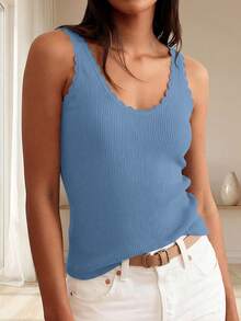 Womens Summer Sleeveless Tank Tops V Neck Ruffle Lightweight Ribbed Knit Shirt Casual Going Out Top - xám xanh - Xem 5