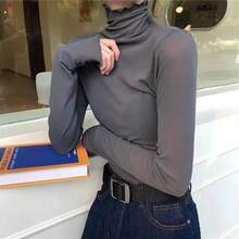 Women's Slim Black Lace Shirt, Spring-Autumn, Sexy, High Neck, Long Sleeve, Fitted, With Crochet Patches, Fashion Blouse - PSZTS021-深灰色 - 查看 1