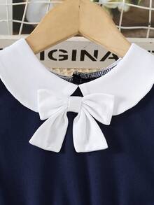 Mädchen Schulanfang Saison Mode minimalistischer College-Stil Schleife Tankkleid, geeignet für Sommer 3-7 Jahre alte Mädchen tägliche Lässig, Urlaubsparty, Schule und Outdoor-Aktivitäten - marineblau - Übersicht 5