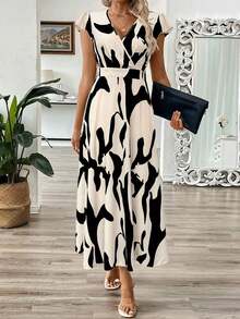 Vestido largo de verano de mujer con cuello en V y estampado floral de hojas, vestido entallado en la cintura con línea A - Multicolor 2 - Ver 10