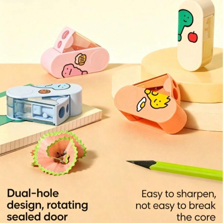1pc Macaron Color Mini Dinosaur Dual-Hole Pencil Sharpener, Made Of Thickened ABS Material, Cute Dinosaur Print Design, Dual-Hole Blade Compatible With Regular And Thick Pencils, Smooth Sharpening With Alloy Steel Blade, Rotating Sealed Cover To Prevent Shavings Leakage, Compact And Portable For Easy Storage - Multiple Styles - View 1