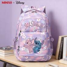 MINISO X Disney Stitch & Angel "Just Shake It" Balo hoa anh đào gradient, túi đi học dễ thương cho bé gái & thanh thiếu niên - Màu tím - Xem 1