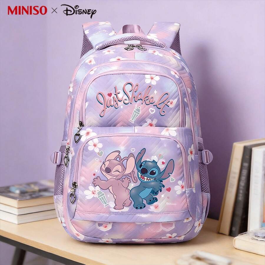 MINISO X Disney Stitch & Angel "Just Shake It" Balo hoa anh đào gradient, túi đi học dễ thương cho bé gái & thanh thiếu niên - Màu tím - Xem 1