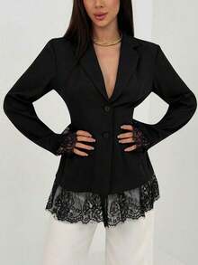 AYYAloruh Blazer de manga larga con cuello en V profundo, parche de encaje, estilo minimalista para oficina y transporteAYY - Negro - Ver 3