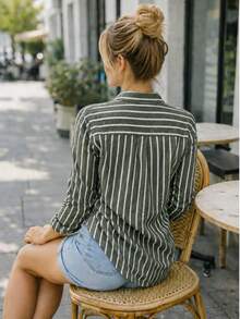 Linen Button-Down Shirt, Beach Cover-Up, Long Sleeves, Striped, Polyester, Button-Down, Vacation, Diary, Travel, Summer. - 軍綠色和白色 - 查看 2