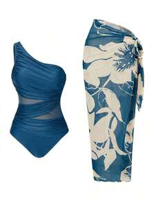 Swim Oasis Nuevo traje de baño de mujer 2026SS para vacaciones, citas, estilo occidental, cruceros, playa, isla, viajes por carretera, todas las estaciones, festivales de música, vacaciones bohemias, vacaciones bohemias, otoño relajado bohemio Y2K, elegante y vintage, traje de baño casual de una pieza con estampado floral, bata y falda, traje de baño marrón de una pieza para mujeres, traje de baño con bata para playa, atuendos de vacaciones para mujeres, moda traje de baño marrón, traje de baño de un hombro, traje de baño de malla transparente, biquini con bata, traje de baño de una pieza con bata para mujeres, trajes de baño marrones, atuendos de vacaciones para mujeres, atuendos de playa para mujeres - Azul - Ver 7