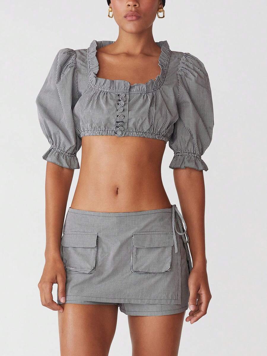 Women Crop Ruffle T-Shirts Solid Color Summer Short Sleeve Tops Basic Pullovers For Streetwear Aesthetic Grunge Clothes - Black - View 1