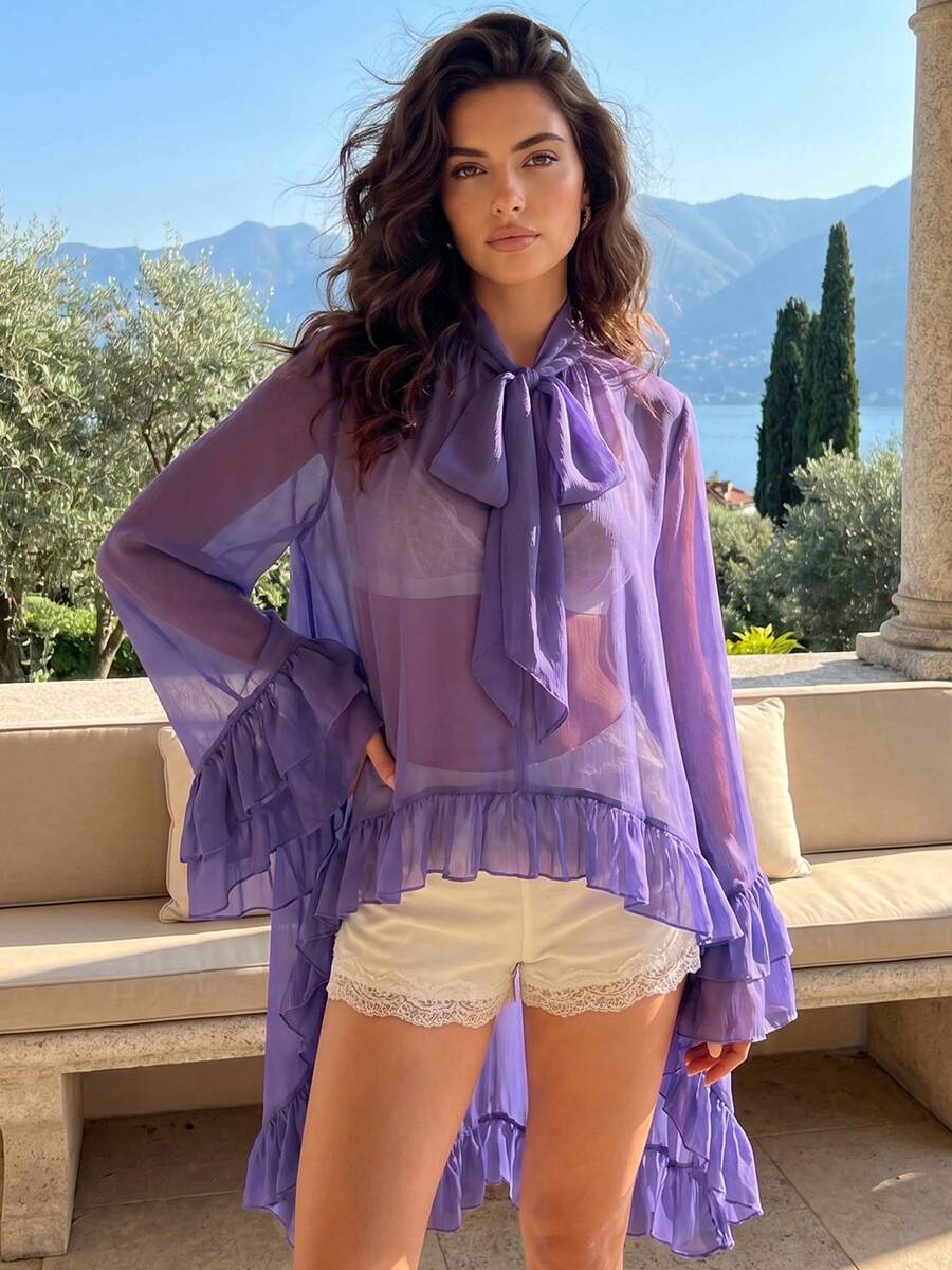 Women's Ruffled Tops Bow Tie Design Stylish Solid See Through Loose Fit V Neck Long Sleeve Blouses Perfect For Summer - Purple - View 1