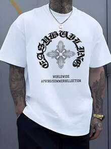 Cruz gótica con letras grandes que rodean el símbolo recordando la fuerza interior la fe y la unidad del espíritu expresada en estilo urbano moderno camisetas de hombre cómodas para uso diario y ocasiones casuales - Blanco - Ver 9